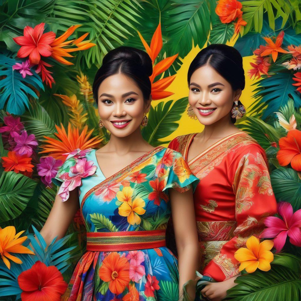 A vibrant collage showcasing cheerful Filipina celebrities engaged in playful moments, surrounded by elements of Filipino culture such as colorful traditional costumes and festive decorations. Include subtle hints of scandal through magazine headlines in the background, all set against a lively tropical backdrop. Super-realistic. Vibrant colors. 3D.
