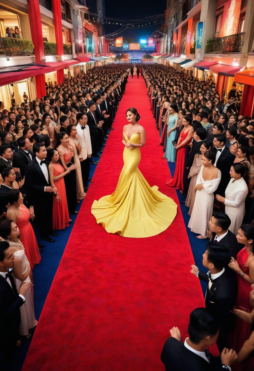 A glamorous scene featuring a vibrant Filipino entertainment landscape, showcasing colorful red carpets with celebrities posing, lively fans with smiles, and hidden shadows symbolizing scandals; a soft-focus city skyline in the background adds depth to the atmosphere. The image should evoke a sense of excitement and intrigue. super-realistic. vibrant colors. cinematic lighting.