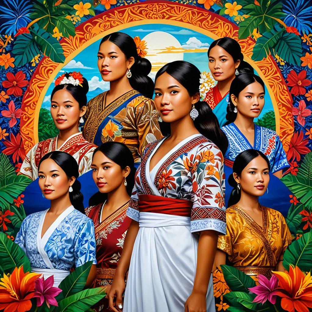 A vibrant mural depicting famous Filipina women throughout history, each in traditional and modern clothing, surrounded by colorful flora and fauna symbolizing their achievements. Incorporate elements like intricate patterns from Filipino textiles and symbols of empowerment. The background should feature iconic Filipino landmarks, representing culture and heritage. The overall tone should be celebratory and filled with life. digital art. vibrant colors.